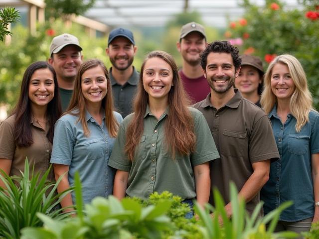 The GreenThumb Solutions team smiling in a nursery setting, surrounded by vibrant plants.