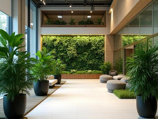 Lush greenery including large potted trees and a striking vertical garden feature in a modern, sunlit corporate lobby, enhancing the workspace ambiance.