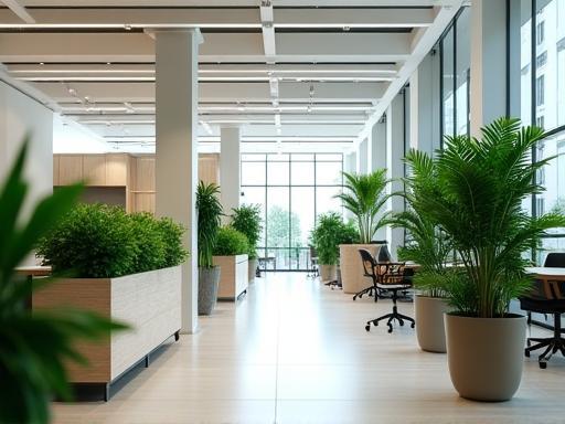 Stylish indoor plantscaping in a modern open-plan office environment, with strategically placed potted plants and green dividers that enhance aesthetics and air quality.