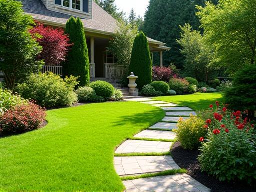 A beautifully landscaped residential garden featuring well-defined flower beds bursting with colorful perennials, a neatly manicured lawn, and elegant stone pathways.