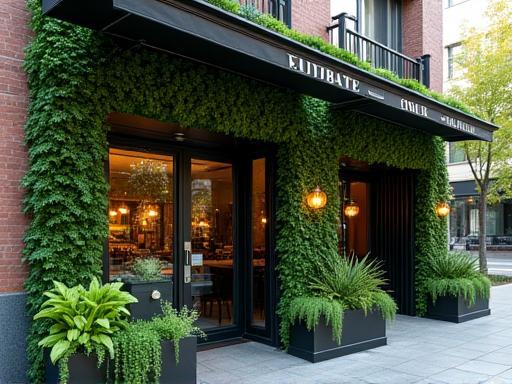 An impressive outdoor vertical garden adorning the exterior wall of a chic restaurant, creating a vibrant and inviting green facade.